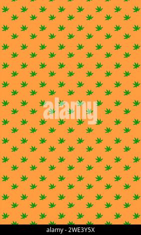 Muster von grünen Cannabisblättern auf orangefarbenem Hintergrund Stockfoto