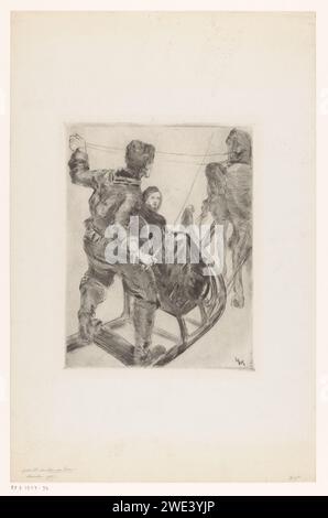 Mann und Frau in einem Arrenslee, Willem van Konijnenburg, drucken 1927 Einen Mann und eine Frau in einem Pferdeschlitten, der von einem Pferd gezogen wird. Der Mann hat eine Peitsche und die Zügel des Pferdes in den Händen. Papierätzer Pferdeschlitten Stockfoto