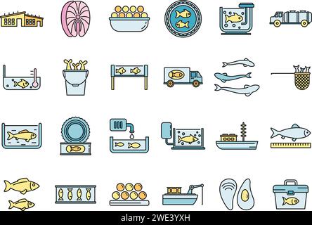 Ikonen der Fischfarm. Umrisssatz von Lebensmitteln Fisch Farm Vektor Symbole dünne Linie Farbe flach auf weiß Stock Vektor