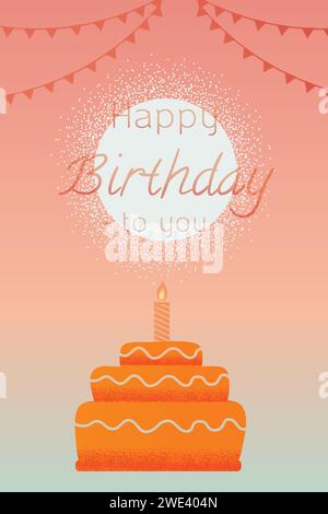 Grußkarte alles Gute zum Geburtstag Kuchen mit Kerzen auf Himmelshintergrund Vektor Textur Stil Konzept Illustration. Stock Vektor