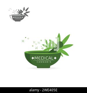 Medizinisches Cannabis in grünen Schleifer Emblemen, Etikett, Logo auf weißem Hintergrund Vektor Illustration Vorlage gesetzt Stock Vektor
