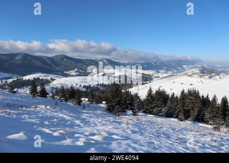 IWANO-FRANKIWSK REGION, UKRAINE - 21. JANUAR 2024 - Blick auf die Berge im Winter im Dorf Zamahora, Bezirk Werchowyna, Region Iwano-Frankiwsk, Westukraine. Stockfoto