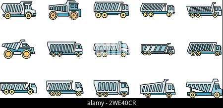 Symbole für Kipper-Einfüllschleuse eingestellt. Kontursatz von Vektorsymbolen für den Kipper Trichter dünne Linie flach auf weiß Stock Vektor