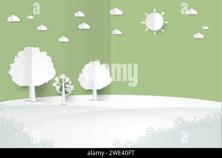 Minimalistische Landschaft mit Baum, Hügel, Sonne, Wolkenlandschafthintergrund, Papier Art Art Vektor Illustration. Stock Vektor
