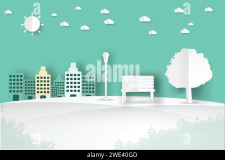Minimalistische Landschaft öffentlicher Park in der Stadt mit Baum, Sonne, Wolkenlandschaft Hintergrund, Papier Art Art Vektor Illustration. Stock Vektor