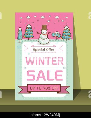 Karte Weihnachtsrabatte. Festliches Werbebanner mit lustigen Silvesterfiguren und -Symbolen. Winter Sale-Banner. Fröhlicher Schneemann mit den Worten V Stock Vektor
