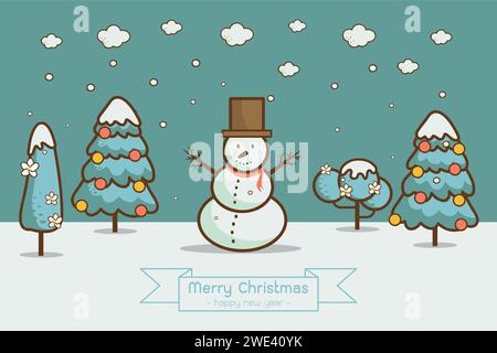 Natur, Winterlandschaft im Zeichentrickstil mit Weihnachtsbäumen, Schneemännern und Schneewehen. frohe weihnachten & Happy New Year Karte Hintergrund Vektor Illustraten Stock Vektor