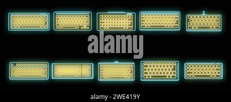 Symbole für die Arbeitstastatur eingestellt. Kontursatz von Vektorsymbolen für die Arbeitstastatur Neonfarbe auf Schwarz Stock Vektor
