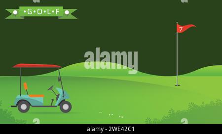 Hintergrund des Golffeldes schöne Landschaft, Golf-Loch-Fahne Vektor grüner Baum Hintergrund Illustration mit Golfkarren Flagge und Bäumen Stock Vektor