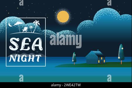 Wunderschöne horizontale Naturlandschaft. Nachtszene Landschaft im Strandmeer mit Villa Hotel Seaside Konzept Sommer bietet Vektor Textur Stil Vektor Stock Vektor