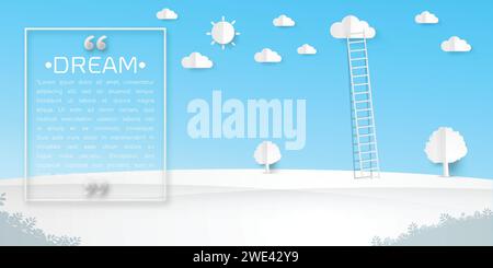 Eine Leiter, die sich bis zu den Wolken gegen auf Pop-up Papier Art Stil, Rahmen und Raum für Text auf Himmel Hintergrund Vektor Illustration Stock Vektor