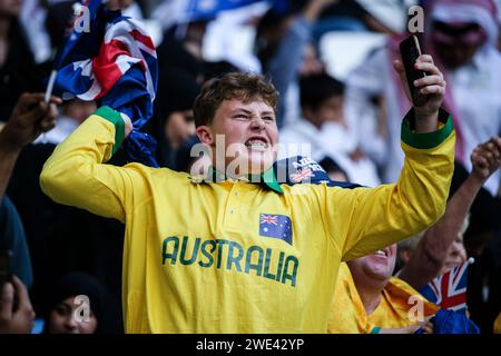 Doha, Katar, 23. Januar 2024, AFC Asian Cup Katar 2023 Gruppe B - Martin Boyle feiert seinen Elfmeter und bringt Australien in Führung 1:0 Usbekistan. Quelle: Runbang Zhu/Alamy Live News Stockfoto