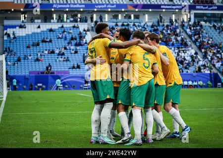 Doha, Katar, 23. Januar 2024, AFC Asian Cup Katar 2023 Gruppe B - Martin Boyle feiert seinen Elfmeter und bringt Australien in Führung 1:0 Usbekistan. Quelle: Runbang Zhu/Alamy Live News Stockfoto