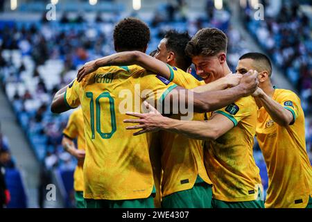 Doha, Katar, 23. Januar 2024, AFC Asian Cup Katar 2023 Gruppe B - Martin Boyle feiert seinen Elfmeter und bringt Australien in Führung 1:0 Usbekistan. Quelle: Runbang Zhu/Alamy Live News Stockfoto