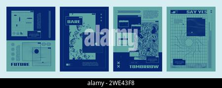 Y2K-Poster mit groovigem Vibe-Design. Vektor-realistische Illustration der retrowellenförmigen Pixel-Design-Flyer in blauen und türkisfarbenen Farben, Drahtmodell-Hintergrund mit alten Computer-Software-Symbolen, kreatives grafisches Banner Stock Vektor