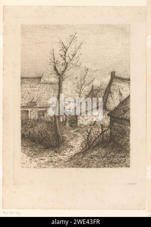 Frau hängt vor der Wäscherei auf einem Bauernhof, Henri Rul, 1872 - 1913 Druckpapier-Ätzfarm (Gebäude). Die Wäsche zum Trocknen aufhängen. Erwachsene Frau Stockfoto