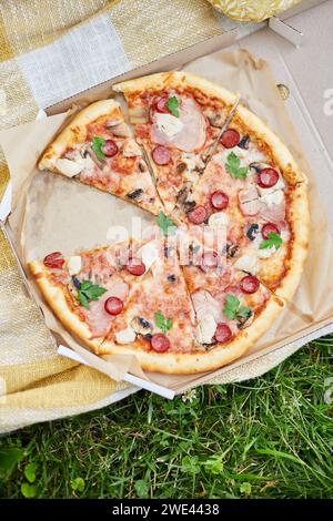 Eine frisch gebackene Pizza mit Tomaten, Käse, Pilzen und Kräutern fehlen zwei Scheiben, was eine gemeinsame Mahlzeit bei einem Picknick im Freien nahe legt. Stockfoto