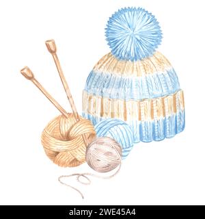 Strickmütze mit Wasserfarben, Garn und Stricknadeln. Aquarellvorlage Illustration für Wollstrick-Hobby. Isolierte handgezogene Illust Stockfoto