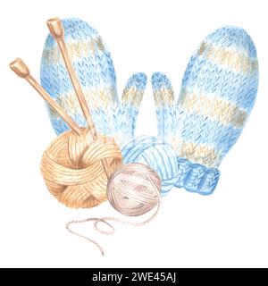 Wasserfarben gestrickte Fäustlinge mit Faden und Stricknadeln. Aquarellvorlage Illustration Wolle stricken Hobby. Isolierte handgezogene Illust Stockfoto