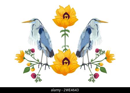 Vogel auf Zweig mit Blumen isoliert auf weißem Hintergrund. Wunderschöne Blumen und bunte Vögel. Zwei Reiher und Pflanze Ornament. Stock Vektor Illustration Stock Vektor