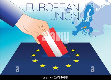 Europäische Union, Wahlbox, Wahlen zum Europäischen parlament, österreichische Flagge und Karte, Vektorillustration Stock Vektor