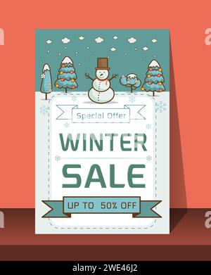 Karte Weihnachtsrabatte. Festliches Werbebanner mit lustigen Silvesterfiguren und -Symbolen. Winter Sale-Banner. Fröhlicher Schneemann mit den Worten V Stock Vektor