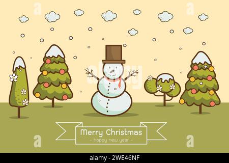 Natur, Winterlandschaft im Zeichentrickstil mit Weihnachtsbäumen, Schneemännern und Schneewehen. frohe weihnachten & Happy New Year Karte Hintergrund Vektor Illustraten Stock Vektor