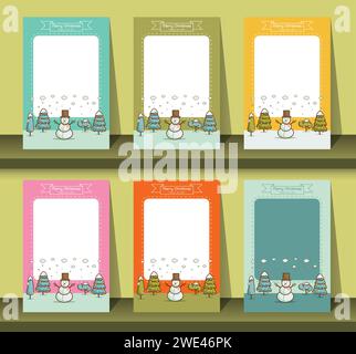 Set von Broschüren im Cartoon-Stil Winter Naturlandschaft mit Weihnachtsbäumen, Schneemännern, Schneetreiben. frohe weihnachten und Happy New Year Karten Backgro Stock Vektor