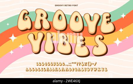 Groovige Vintage-Schriftart, psychedelische Groove-Schriftart, Hippie-Retro-Schrift, funky englisches Alphabet, versprüht nostalgischen Charme mit skurrilen Kurven und Hippie-Flair. Leuchtende Vektorbuchstaben und Zahlen auf dem Regenbogen Stock Vektor