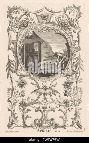 April, Anonym, nach Georg Sigmund Rösch, 1705–1766 drucken Ein Bauer und eine Bäuerin bei der Arbeit in einer Rocaillettenkartusche. Der Bauer gräbt den Boden, die Frau des Bauers steht neben einer Kuh in einem Stall. Rund um die Show Rocaille Ornamente, ein Stier und das entsprechende Tierkreiszeichen. Veröffentlichungsnummer 74. Augsburger Papier, das April ätzt und seine 'Arbeit'. Landwirte. Standfestigkeit Stockfoto