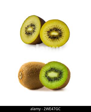 Goldene Kiwi und grüne Kiwi-Früchte. Kiwi-Schichten isoliert auf weißem Hintergrund. Tropische Früchte auf weißem Hintergrund. Kiwi mit Platz für Text. Stockfoto