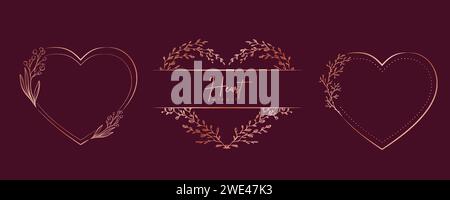 Handgezeichneter goldener Herzkranz und Blätter. Botanischer Blumenrahmen für Monogramm, Hochzeitslogo, Einladung, Postkarte und vieles mehr. Vintage-Ornament Stock Vektor