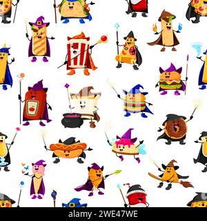 Halloween Fastfood-Magier, Zauberer und Hexenfiguren nahtloses Muster. Vektorfliese Hintergrund mit Popcorn, Ketchup, Pizza und Shawarma. Burger, Donut, Käsekuchen und Nachos mit Huhn oder Hotdog Stock Vektor