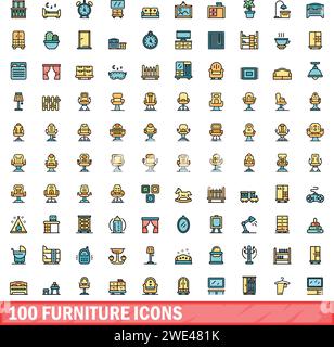 100 Möbelsymbole. Farblinie Satz von Möbelvektorsymbolen dünne Linie Farbe flach auf weiß Stock Vektor