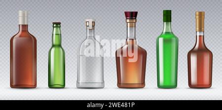 Realistische Alkoholglasflaschen. Scotch und Bier, Gin und Bourbon, Absinth, Brandy-Flaschen. Vektorbehälter für die Lagerung und den Transport von alkoholischen Getränken unter Beibehaltung ihrer Qualität und ihres Geschmacks Stock Vektor