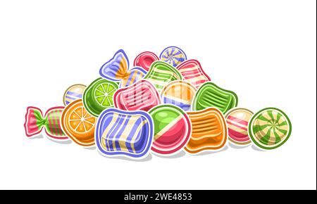 Vektor-Candy-Stapel, dekoratives horizontales Poster mit Umrissillustration des mehrfarbigen Candy-Stilllebens, süßer Druck mit Cartoon-Design harte Cand Stock Vektor