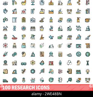 100 Suchsymbole gesetzt. Farblinie Satz von Forschungsvektorsymbolen dünne Linie Farbe flach auf weiß Stock Vektor