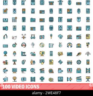 100 Videosymbole eingestellt. Farblinie Satz von Videovektorsymbolen dünne Linie Farbe flach auf weiß Stock Vektor