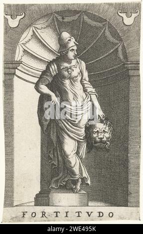 Kracht, Hans Collaert (I), nach Lambert Lombard, drucken 1557 in einer Nische die weibliche Personifikation der Macht (Fortitudo), eine der vier Kardinaltugenden. Sie hat einen Helm auf dem Kopf. In ihrer Hand der abgeschnittene Kopf eines Löwen, das Symbol der Macht. Der Druck ist Teil einer Serie mit den sieben Tugenden als Thema. Druckerei: Antwerpen Design von: Liègepublisher: Antwerpener Papierstich Fortitude, 'Fortitudo'  eine der vier Kardinaltugenden Stockfoto