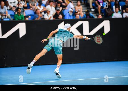 Grigor Dimitrov aus Bulgarien spielt gegen Nuno Borges aus Portugal (nicht im Bild) während des dritten Runde-Spiels des Australian Open Tennis Turniers im Melbourne Park. Nuno Borges gewinnt Grigor Dimitrov in 4 Sätzen mit 6-7 (7-3) 6-4 6-2 7-6 (8-6) (Foto: Alexander Bogatyrev / SOPA Images/SIPA USA) Stockfoto