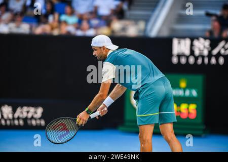 Grigor Dimitrov aus Bulgarien spielt gegen Nuno Borges aus Portugal (nicht im Bild) während des dritten Runde-Spiels des Australian Open Tennis Turniers im Melbourne Park. Nuno Borges gewinnt Grigor Dimitrov in 4 Sätzen mit 6-7 (7-3) 6-4 6-2 7-6 (8-6) (Foto: Alexander Bogatyrev / SOPA Images/SIPA USA) Stockfoto