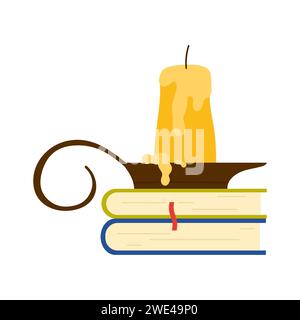 Zauberbücher mit Kerze. Hexerei-Werkzeuge, Zauberer-Zubehör Cartoon-Vektor-Illustration Stock Vektor