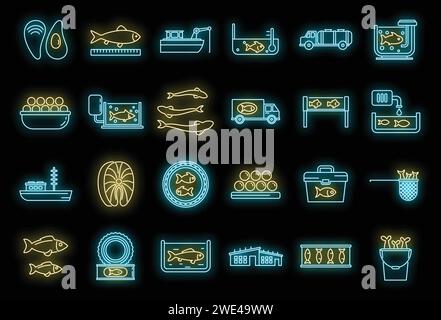 Ikonen der Fischfarm. Umrisssatz von Lebensmitteln Fisch Farm Vektor Symbole Neonfarbe auf Schwarz Stock Vektor