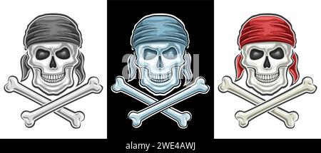 Vector Pirate Skull Set, Kollektion von dekorativen Abzeichen mit Illustration von verschiedenen Schädeln in Bandana und gekreuzten Knochen, Retro-Cartoon Design Schädel für Stock Vektor