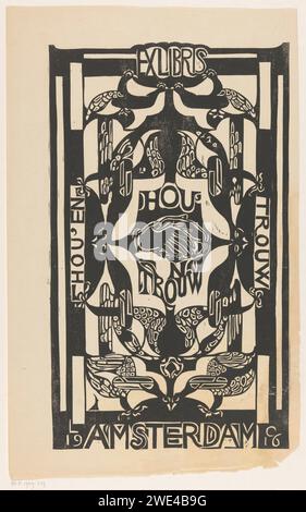 Ex Libris der Hou'en Trouw Association, Carel Adolph Lion Cachet, 1916 Druck in der Mitte zwei Hände, die sich gegenseitig schütteln. Links vertikal 'Hou' und ', rechts vertikal' Faithful '. Stilisierte Vögel oben und unten. Amsterdam Papier schüttelt die Hände, 'Dextrarum junctio'. Vögel Amsterdam Stockfoto