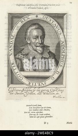 Porträt von Gustaaf II. Adolf, König von Schweden, Nicolaes de Clerck, 1625 Druck Porträt in ovaler Liste von Gustaaf II. Adolf, König von Schweden. Nach rechts. Der Druck hat eine niederländische Inschrift und als Bildunterschrift ein niederländisches Gedicht. Delfter Papiergravur / Buchdruck Stockfoto