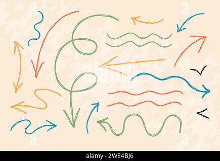 Farbige handgezeichnete Kreidekreide mit Holzkohle Linie Pfeile gesetzt. Kurvige und wellige Pfeile isoliert auf Beige. Gruppe von Quietschen und Kritzelschlägen. Elemente Stock Vektor