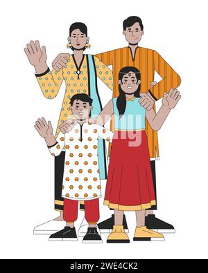 Indische Familie trägt traditionelle Kleidung Linie Cartoon flache Illustration Stock Vektor
