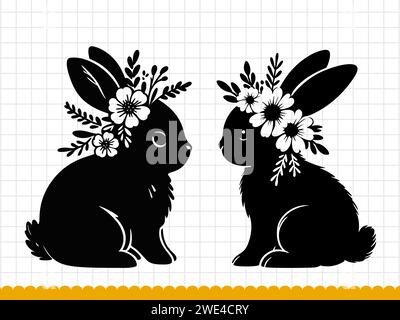 Kaninchen Silhouette Illustration mit Blumenkranz. Stock Vektor