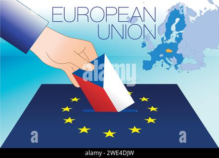 Europäische Union, Wahlbox, Wahlen zum Europäischen parlament, Flagge und Karte der Tschechischen Republik, Vektorillustration Stock Vektor